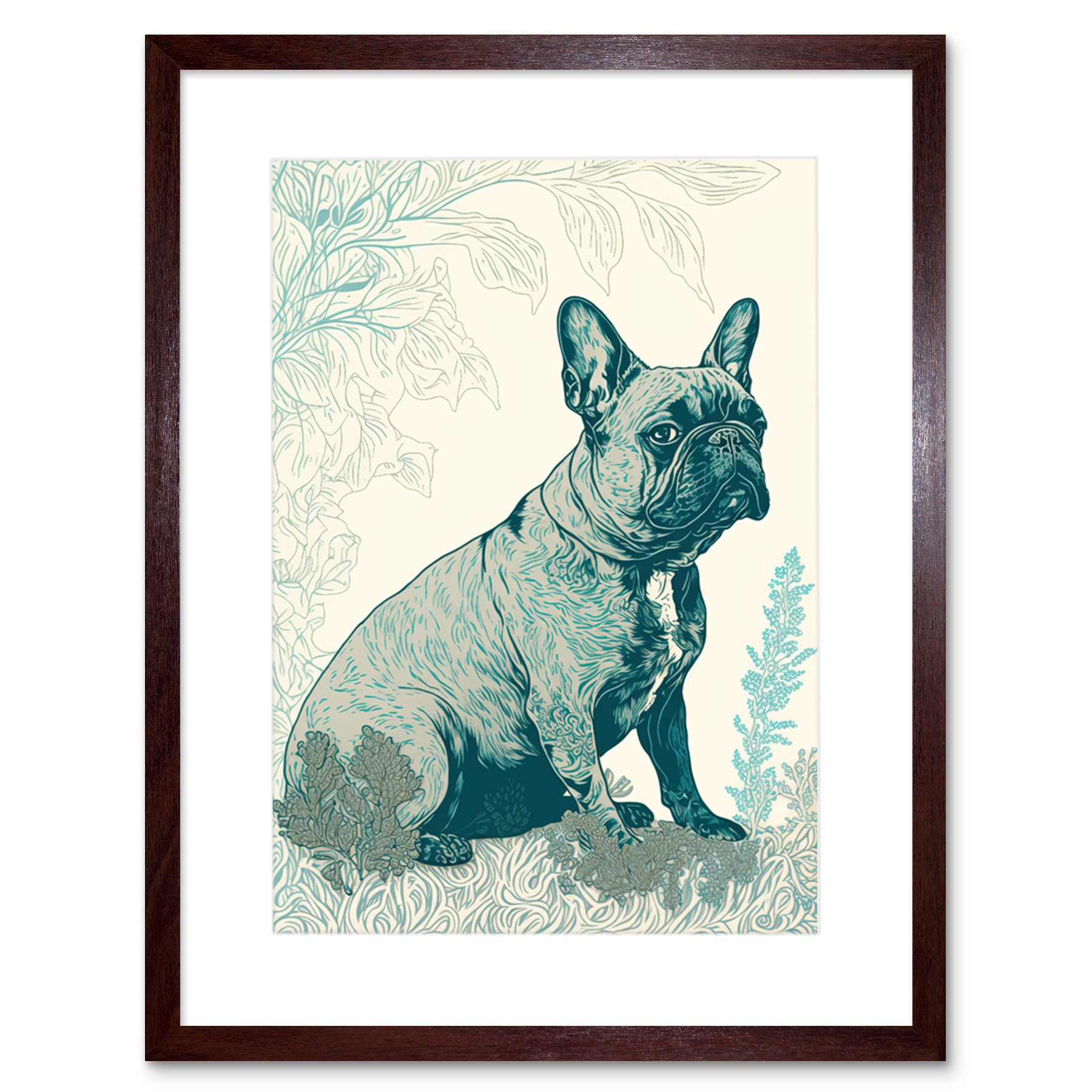 French Bulldog Sitting in the Park Modern Monochrome Linocut ...