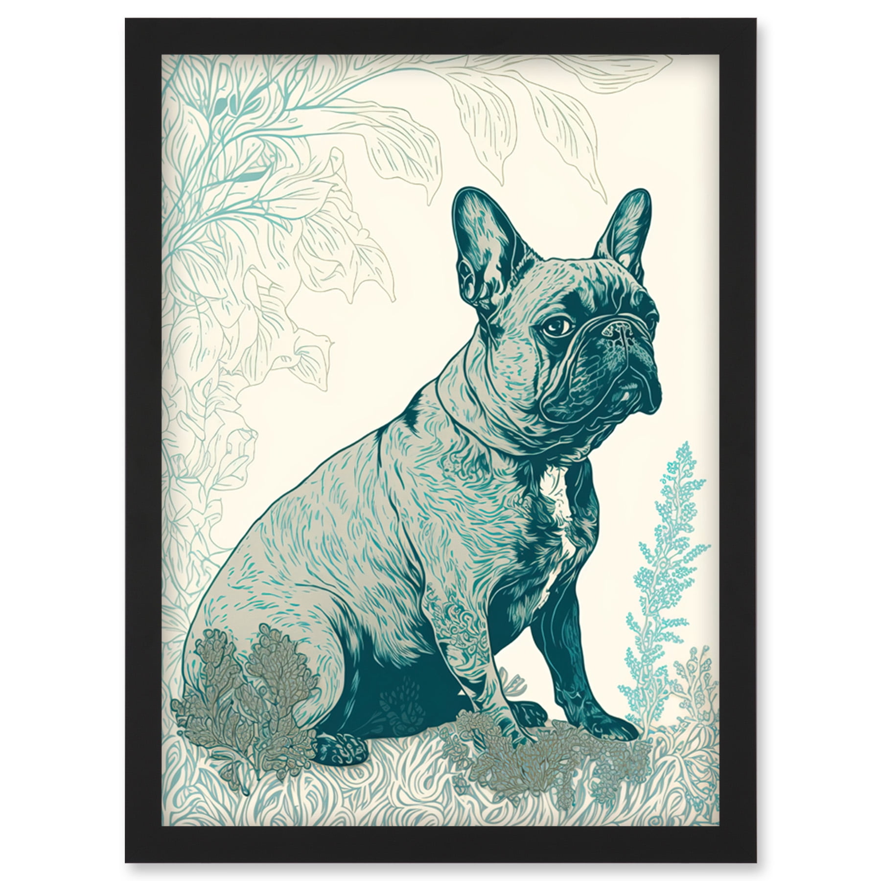 French Bulldog Sitting in the Park Modern Monochrome Linocut ...