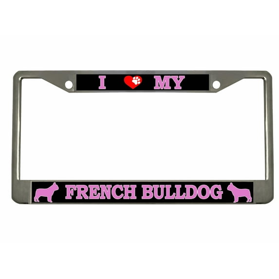 French Bulldog Style Metal License Plate Frame Personalized/Car Accessories Car Tag Holder Cover (Chrome/Black/L Pink)
