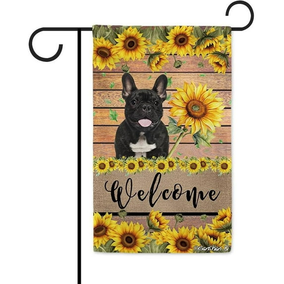 French Bulldog Sunflower Garden Flag Dog Welcome Spring Summer Wooden Print Flag Banner Outside Yard Decor 12.5X18 Inch Double Side Style 8