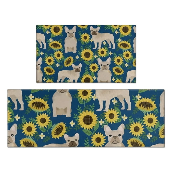 French Bulldog Sunflowers Floral Kitchen Rugs Sets Of 2,Anti Fatigue Kitchen Mat Rugs Non Slip Washable,Decorative Kitchen Floor Mats for Kitchen,Sink,Laundry,17"x30"+17"x47"