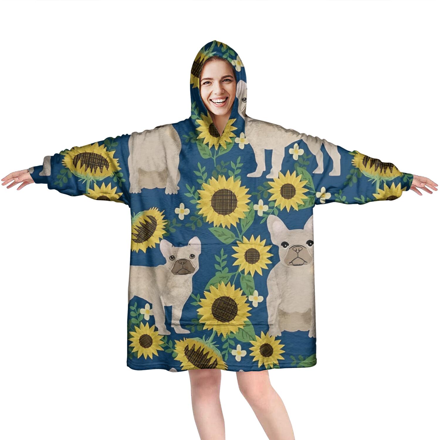 French Bulldog Sunflowers Floral Wearable Oversized Blanket,Wearable Blanket Hoodie for Adults,Cozy Hooded Blankets with Super Pockets,Super Warm Fuzzy Pullover for Women & Men