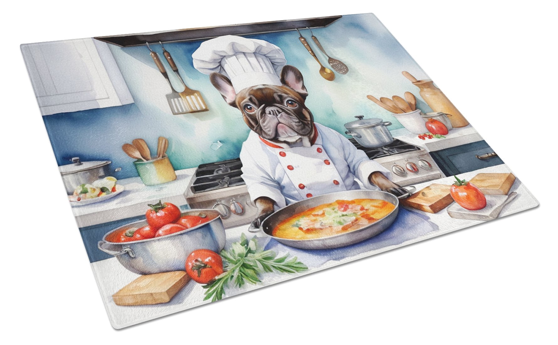 French Bulldog The Chef Glass Cutting Board 12 in x 15 in
