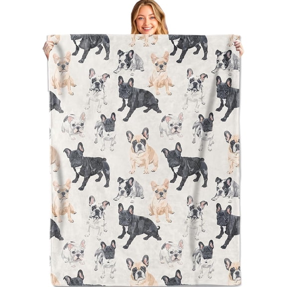 French Bulldog Throw Blanket, 50x60in, Soft, Lightweight Flannel, Cute Cartoon Frenchie Dog Pattern in Tan, Black White Blankets, Gifts for Kids, for Easter Home Living Room Decor