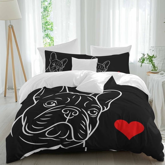 French Bulldog Twin Size Comforter Set, Love Heart Cute Dog Bedding for All Seasons, 4 Pcs Bed Set, 1 Quiltcover (68"x86") ,1Sheet(67"x116"), 2Pillowcases (30"x20")