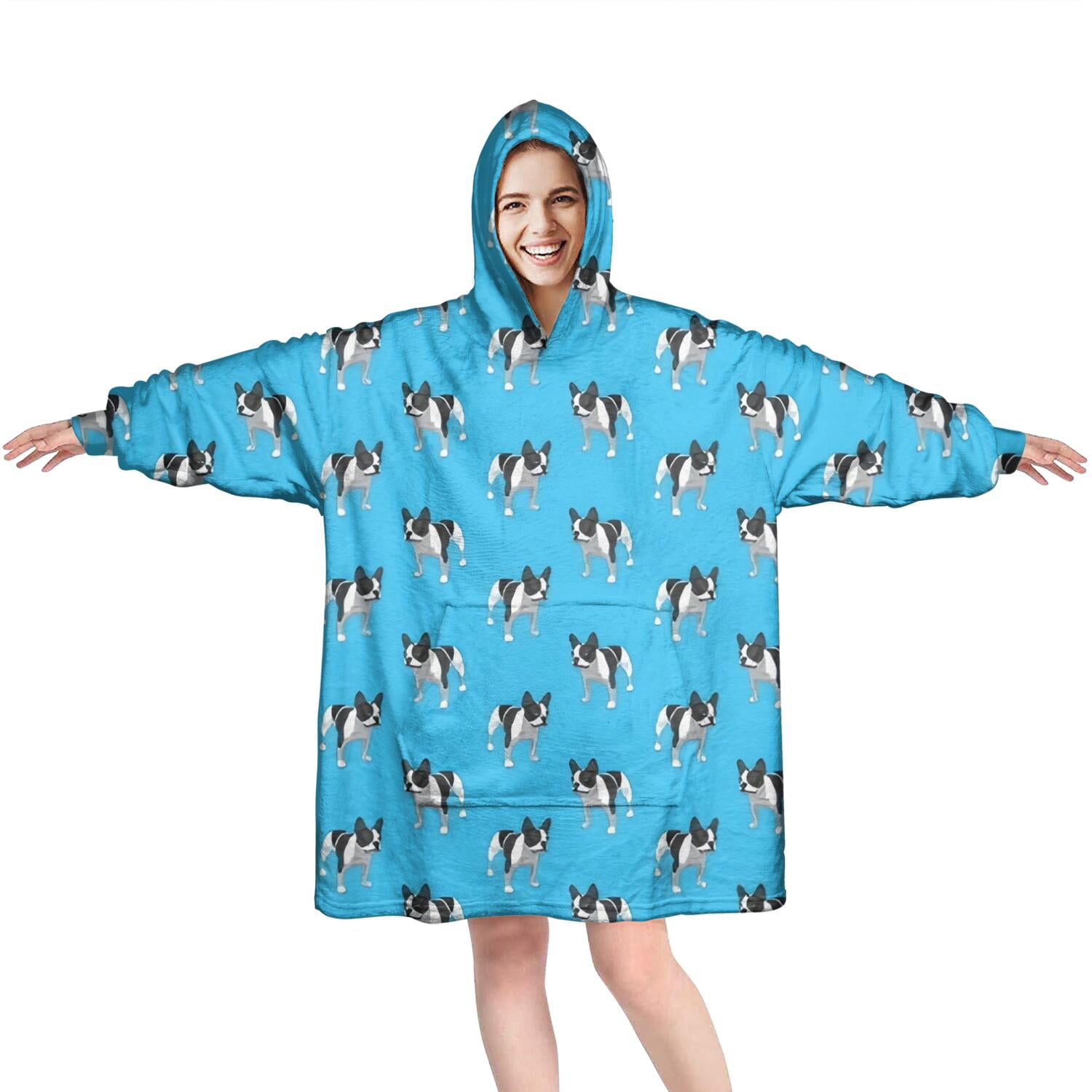 French Bulldog Wearable Oversized Blanket,Wearable Blanket Hoodie for Adults,Cozy Hooded Blankets with Super Pockets,Super Warm Fuzzy Pullover for Women & Men