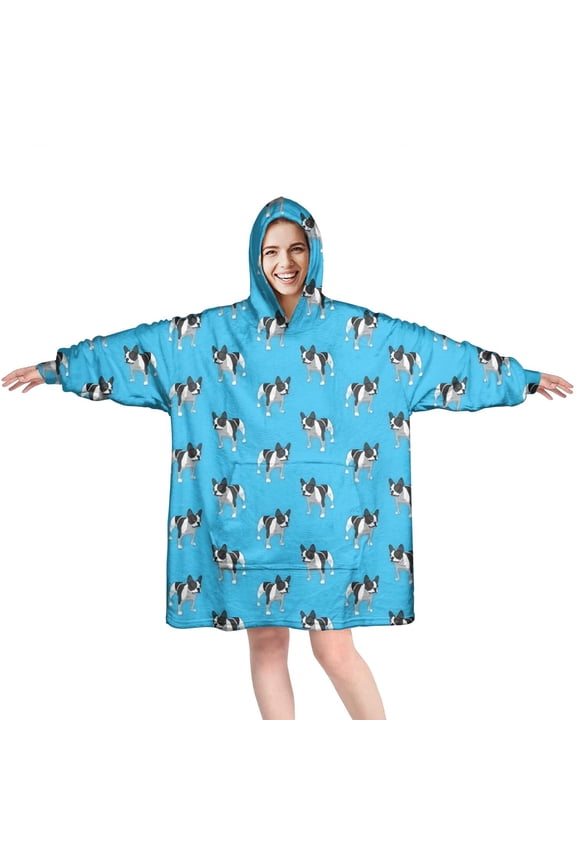 French Bulldog Wearable Oversized Blanket,Wearable Blanket Hoodie for Adults,Cozy Hooded Blankets with Super Pockets,Super Warm Fuzzy Pullover for Women & Men