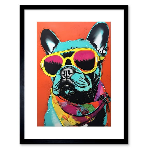 French Bulldog Wearing Sunglasses and Bandana Artwork Framed Wall Art Print 9X7 Inch
