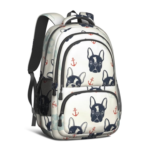 French Bulldog and Anchor Cream Backpack for School, Cute School Bag with Adjustable Shoulder Straps and Padded Back, 16.9"x12.6"x5.9"