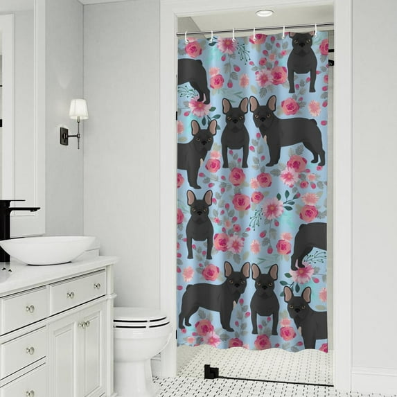 French Bulldog and Flower Shower Curtain 36"x72" ,Bathroom Decorative Shower Curtains Set with 12 Hooks,Modern Waterproof Washable Shower Curtain