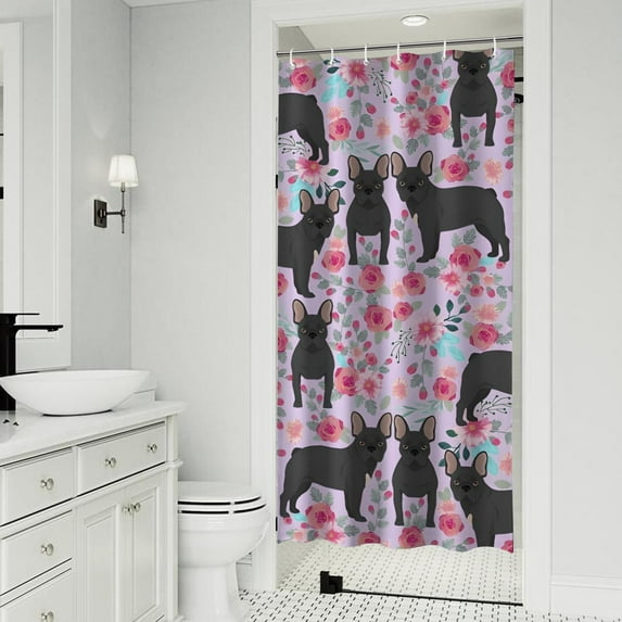 French Bulldog and Flower Shower Curtain 36"x72" ,Bathroom Decorative Shower Curtains Set with 12 Hooks,Modern Waterproof Washable Shower Curtain