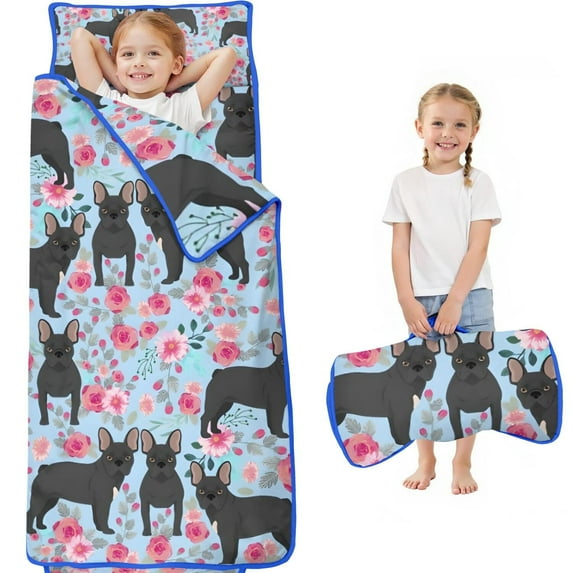 French Bulldog and Flower Toddler Nap Mats for Kids Preschool,Sleeping Mat Bag or Kids,Toddler Sleeping Bag,Toddler Nap Mat or Daycare