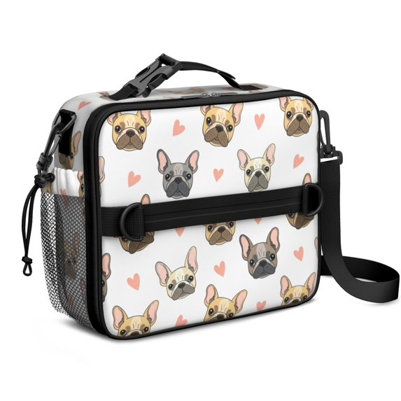 French Bulldog and Heart White Pattern Insulated Lunch Bag with Shoulder Strap and Bottle Holder,Bento School Lunch Bag Box,11x9.5x3.5 Inches