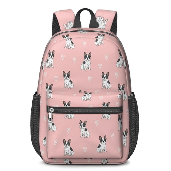 French Bulldog and Hearts Pink Pattern 17" School Backpacks for Teens,Waterproof Oxford Fabric,S-Shape Padded Straps for School,Travel,Hiking,Camping