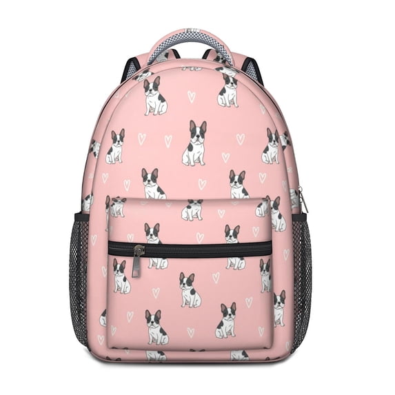 French Bulldog and Hearts Pink Pattern Backpack for School, Cute School Bag with Adjustable Shoulder Straps and Padded Back, 15.3"x11"x6.7"