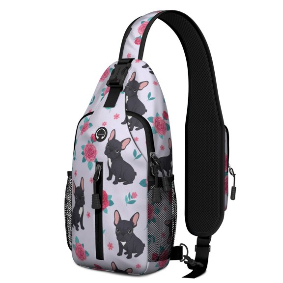 French Bulldog and Rose Purple Pattern Sling Backpack, Cycling Sling Bag with Earphone Port, Adjustable Strap Gift Ideas for Holiday Birthday Gifts