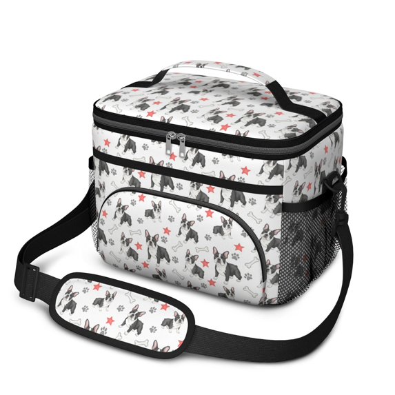 French Bulldog and Stars White Pattern Insulated Lunch Box for Women Men, Medium Leakproof Cooler Bag with Adjustable Strap, 10"x6.7"x8"