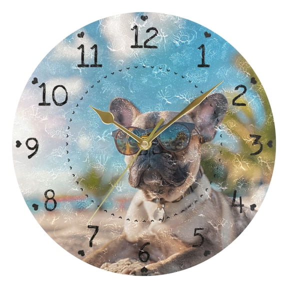 French Bulldog with Glasses Beach Round Wall Clock Silent Analog Battery Operated Gold Pointer Home Decor 9.84" Diameter