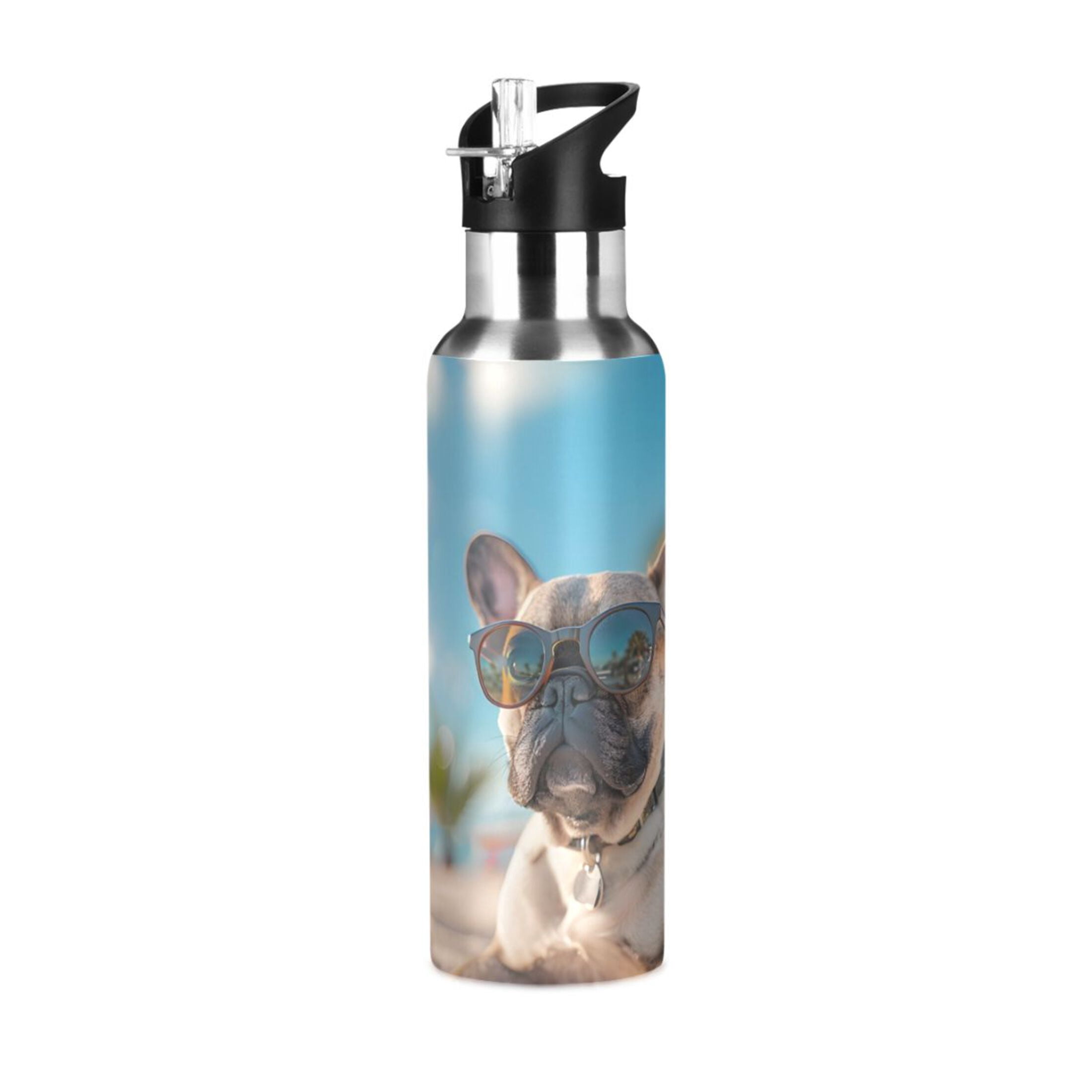 French Bulldog with Glasses Beach Sports Bottle with Straw Stainless Steel Water Jug Portable Thermal Cup Leak-proof 600ML