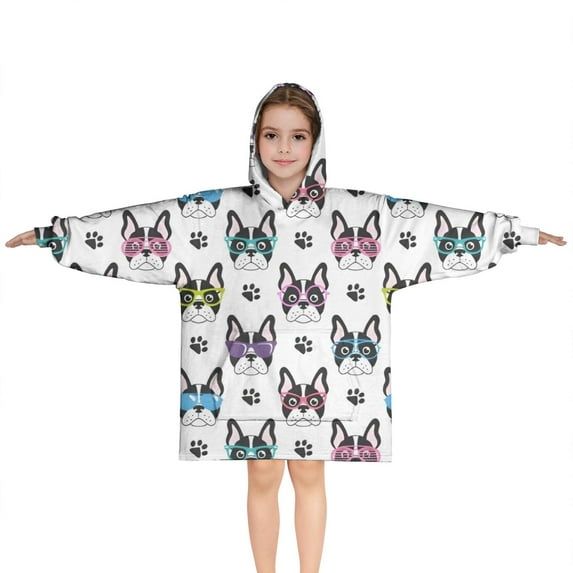 French Bulldog with Glasses White Blanket Hoodies for Kids 6-13YR Oversize Wearable Blanket Hoodies for Boys Girls Teens