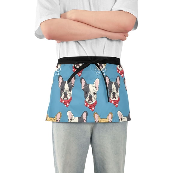French Bulldog with Scarf Server Apron with 3 Pockets Waterproof Waitress Waist Short Apron for Man Woman 12 Inches