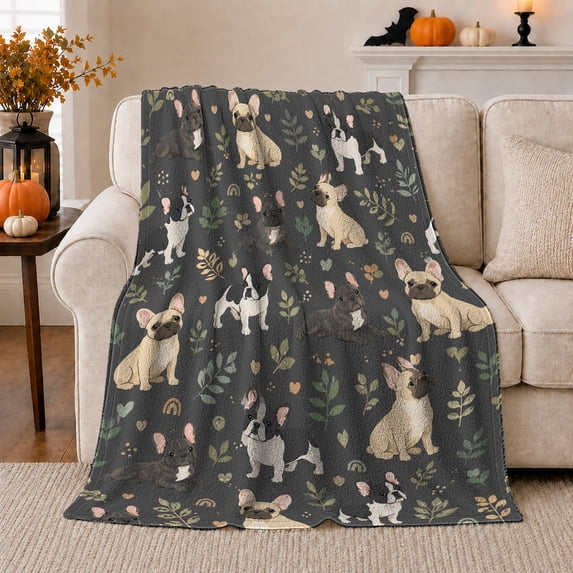 French Bulldogs with Leaves Hearts and Paw Prints, Playful Graphic Style for Frenchie Lovers, Cute Dog Pattern and Birthday Gift, Cozy Flannel Blanket for Living Room and Bedroom, Home Decor