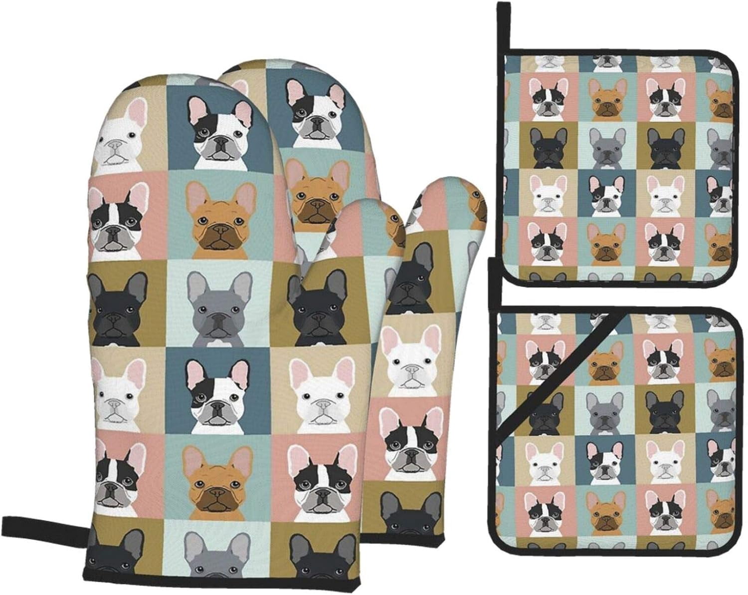 French Bulldogs Oven Mitts and Pot Holders Sets of 4, Resistant Hot Pads with Polyester Non-Slip BBQ Gloves for Kitchen Cooking Baking Grilling