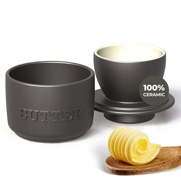 French Butter Crock - Matte Gray - Ceramic Butter Container that Maintains Butter Fresh and Spreadable, Farmhouse Style for Countertop Decor