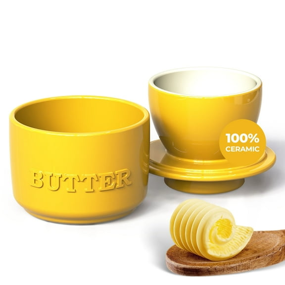 French Butter Crock - Sunflower - Ceramic Butter Container that Maintains Butter Fresh and Spreadable, Farmhouse Style for Countertop Decor