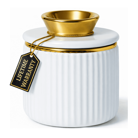 French Butter Crock with Water Seal, Ceramic Butter Keeper for Countertop, White & Gold