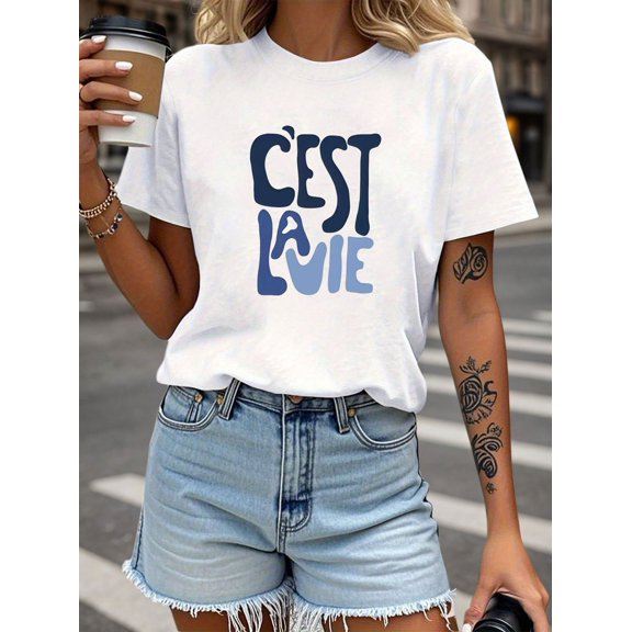French C'Est La Vie Letter Print Women'S T-Shirt, Short Sleeve Crew Neck Casual Top for Summer And Spring, Women'S Clothing