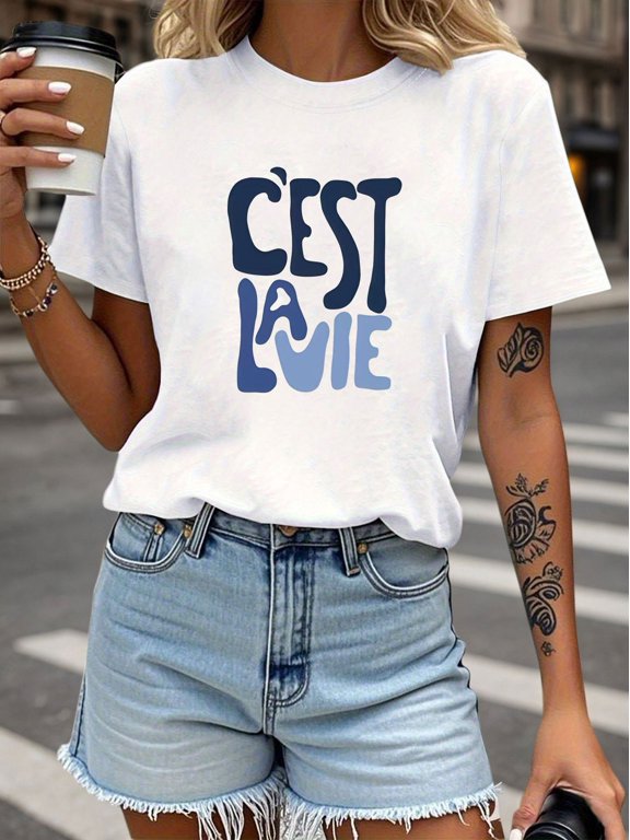 French C'Est La Vie Letter Print Women'S T-Shirt, Short Sleeve Crew Neck Casual Top for Summer And Spring, Women'S Clothing