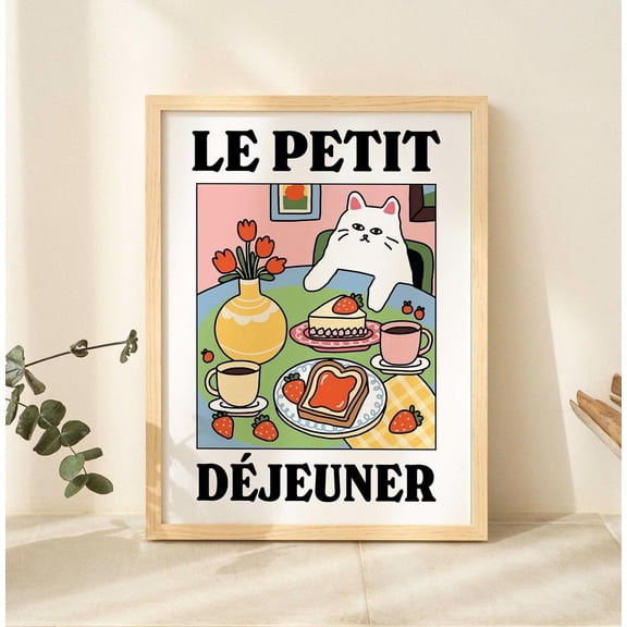 French Cafe Cat Bistro Coffee Le Petit Dejeuner Breakfast Kitchen Decor, Unframed Paper Print Size 8x12