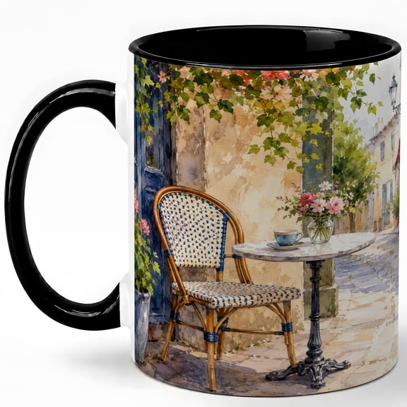 French Cafe Corner 11oz Ceramic Mug, Watercolor Street Scene