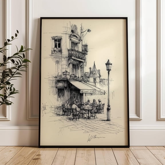 French Cafe Sketch Print | Black And White Sketch | Line Drawing | French Bistro | Minimalist Art | Urban Decor | Parisian Cafe UNFRAMED Poster, Wall Art for Decor, Present, 8x12