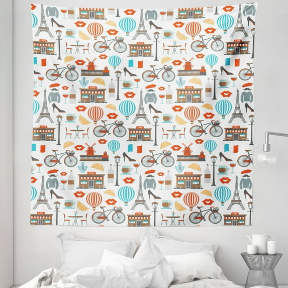 French Cafe Tapestry, Paris Themed Cartoon Symbols Bike National Flag Eiffel Flags Lips Wine, Fabric Wall Hanging Decor for Bedroom Living Room Dorm, 5 Sizes, White Multicolor, by Ambesonne