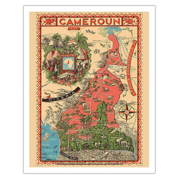 French Cameroun (Cameroons) - Afrique Occidentale Française (French West Africa) - Vintage Pictorial Map by Léon Craste c.1950 - Fine Art Matte Paper Print (Unframed) 11x14in
