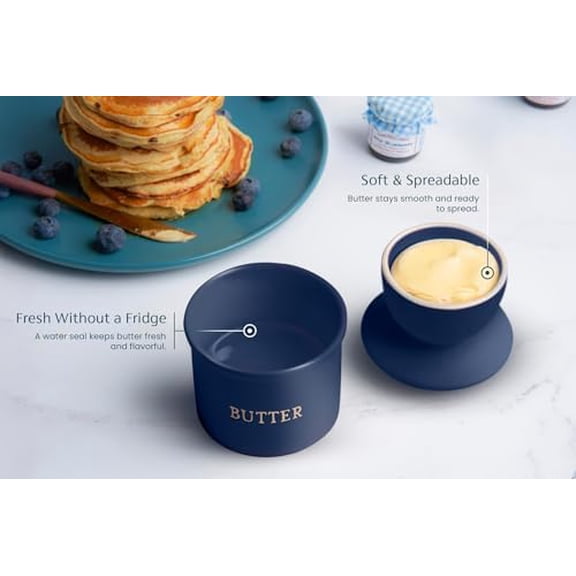 French Ceramic Butter Keeper Crock with Lid – Embossed Countertop Dish for Soft Butter | Christmas Gift & Kitchen Decor in Matte Navy