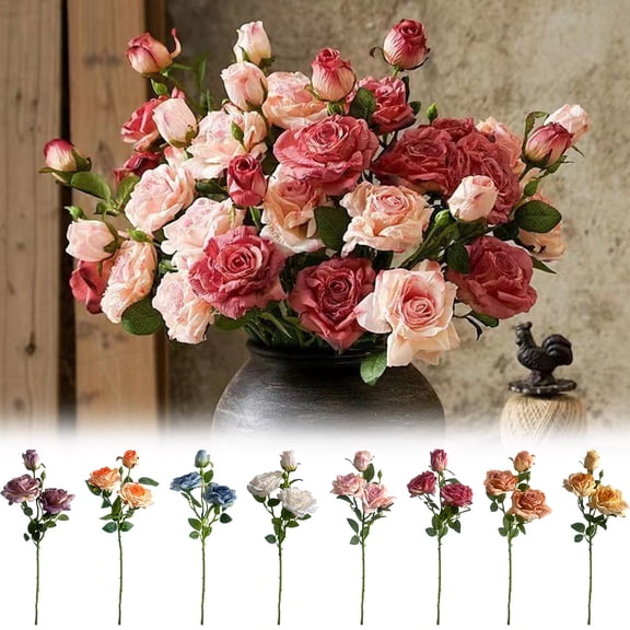 French Charcoal Rose Artificial Flower, Vintage Faux Rose Bouquet, Realistic Silk Flower Easter Decor, Elegant Arrangement for Living Room Dining Table Home Accent, 21.7in, A