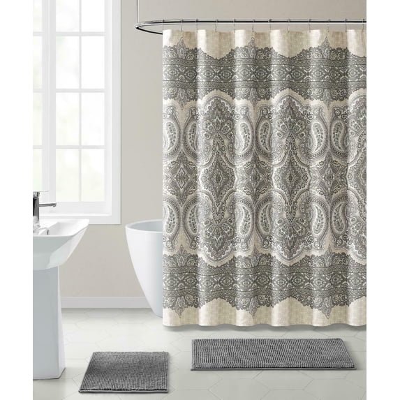 French Chateau Gray Paisley Chic Premium Fabric Shower/Bath Curtain - 70 in. W x 72 in. L (Standard Size)