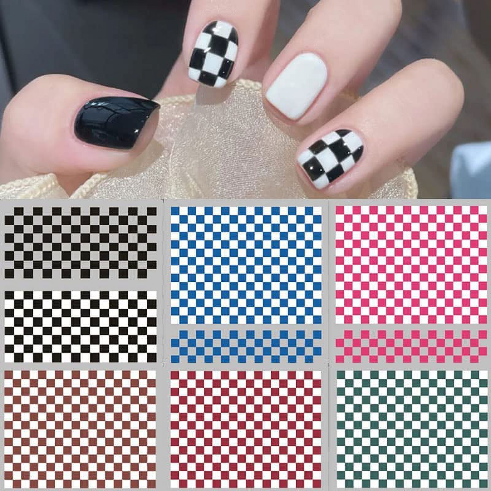 6pcs/set Checkerboard Love French Black White Blue Nail Sticker 3D Slider  for Manicure Polish Tattoo