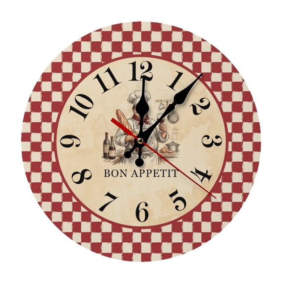 French Chef Kitchen Farmhouse Style Round Wood Wall Clock, Noiseless Design for Cafe & Classroom Decor