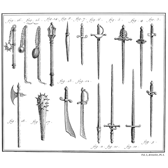 French Chivalric Weapons. Nincluding Epees And Foils. Line Engraving French 18Th