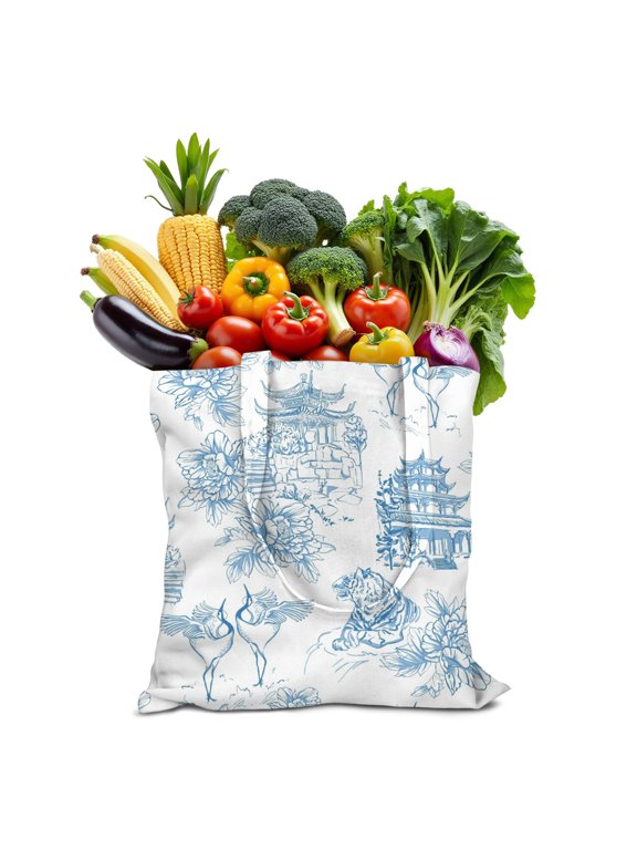 French Classic Reusable Shopping Tote Bag - Foldable Grocery Bag with Vintage Toile de Jouy Print, Large 16x15 Eco-Friendly Washable Fabric Tote for Groceries, Farmhouse Rustic Pastoral Scenes Design