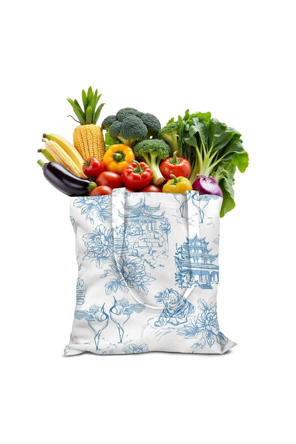 French Classic Reusable Shopping Tote Bag - Foldable Grocery Bag with Vintage Toile de Jouy Print, Large 16x15 Eco-Friendly Washable Fabric Tote for Groceries, Farmhouse Rustic Pastoral Scenes Design