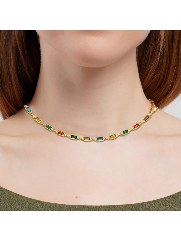 French Colorful Square Glass Chain Exquisite Light High End Fashion Necklace
