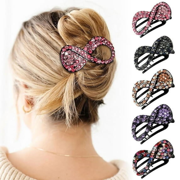 French Concord Flat Hair Clips - 5PCS Rhinestone French Hair Clips for Women Thick Hair No Slip Curved Claw Clips Strong Hold Flat Hair Clip