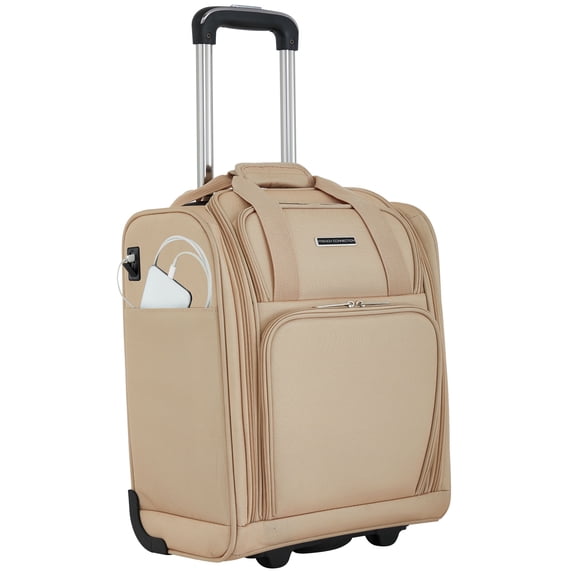 French Connection 16-inch Under Seater Luggage with USB Port, Toasted Almond