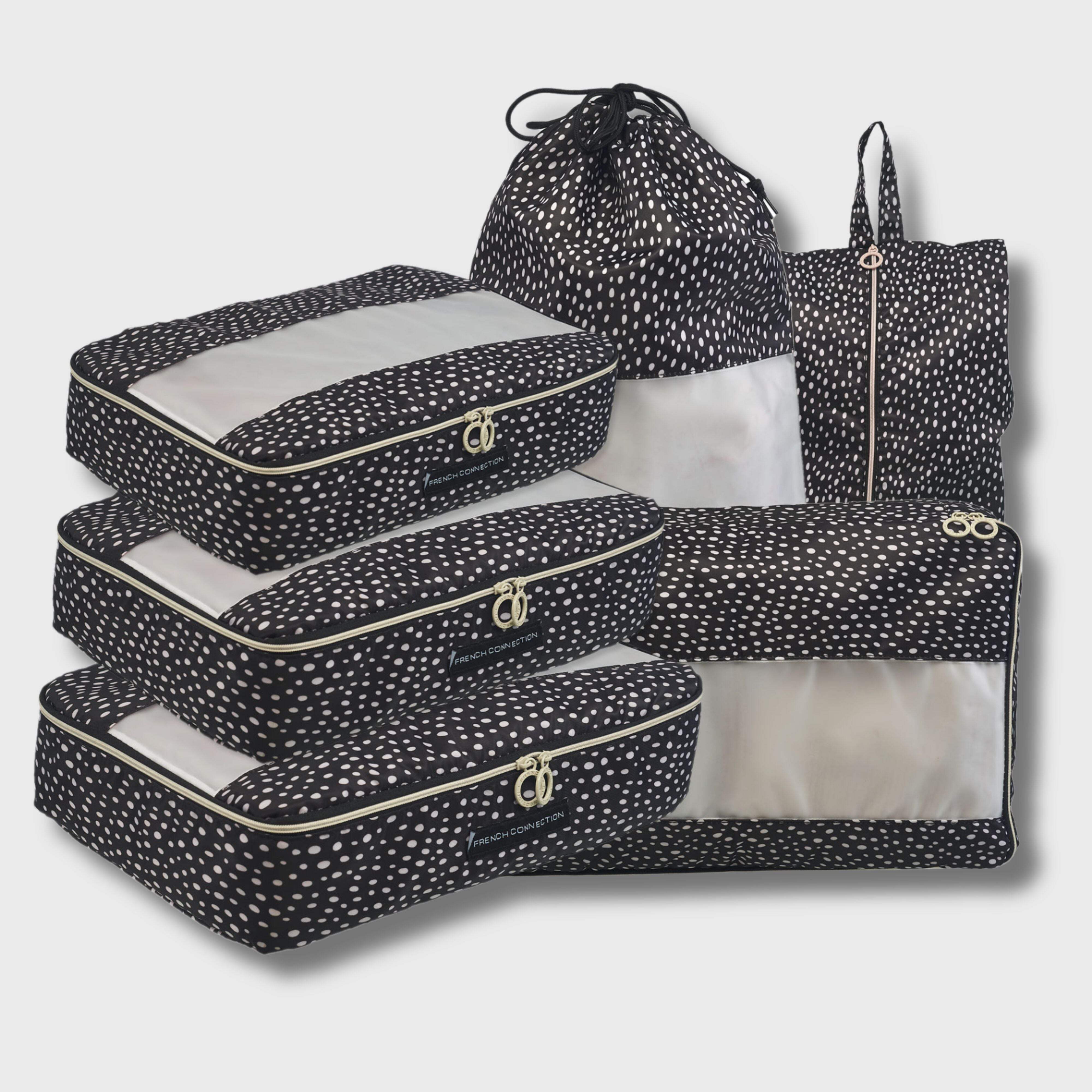French Connection 6pc Packing Cube Set - Travel Storage Set (Polka Dot) in Black