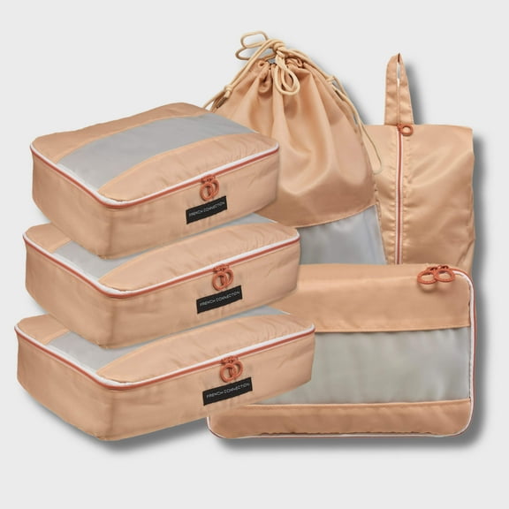 French Connection 6pc Packing Cube Set - Travel Storage Set for Luggage in Apricot Beige